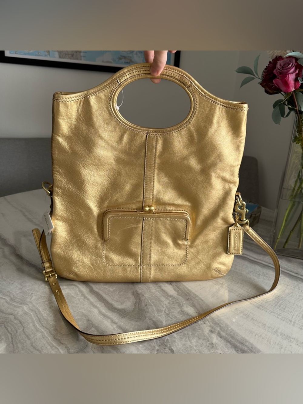 Y2K Coach Ergo Convertible Shoulder Bag Metallic Gold Leather Handbag Foldover